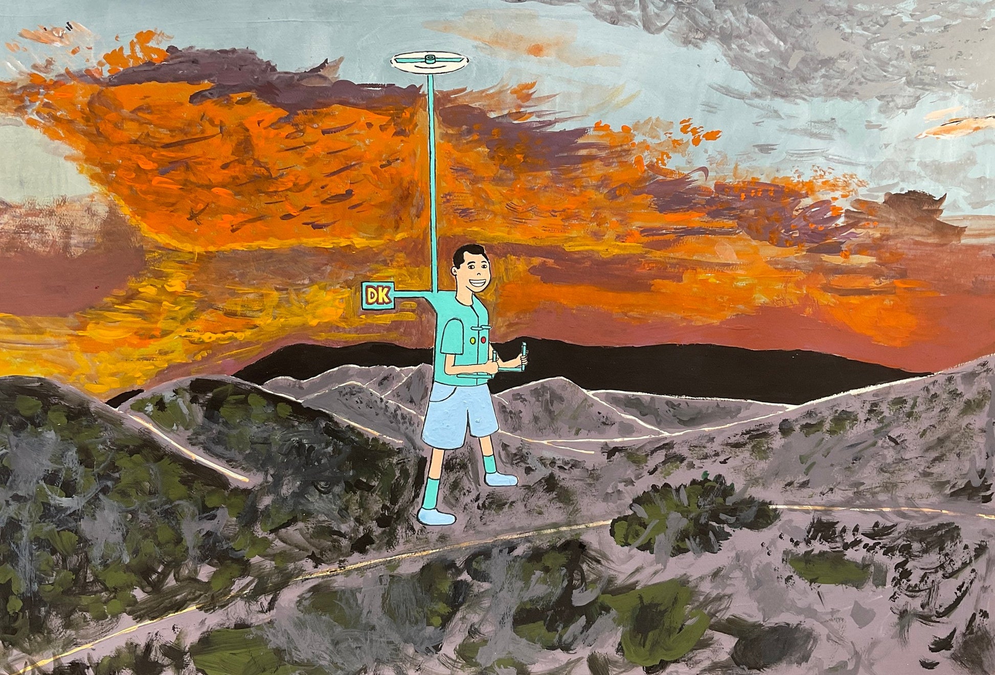 A Person with a DK Helicopter Jetpack Flying around at the Yucca Valley in a Very Beautiful Sunset by Jonah Saleman