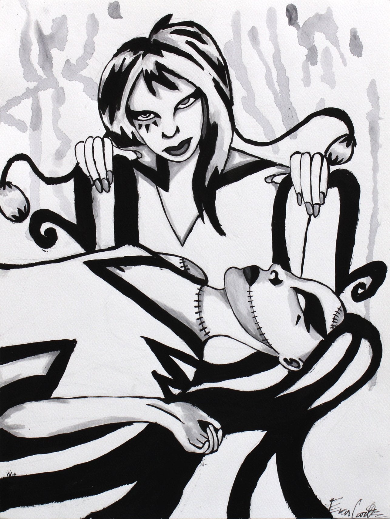 Untitled (Black & White Character With Stitches Lying Down) by Evan Carter