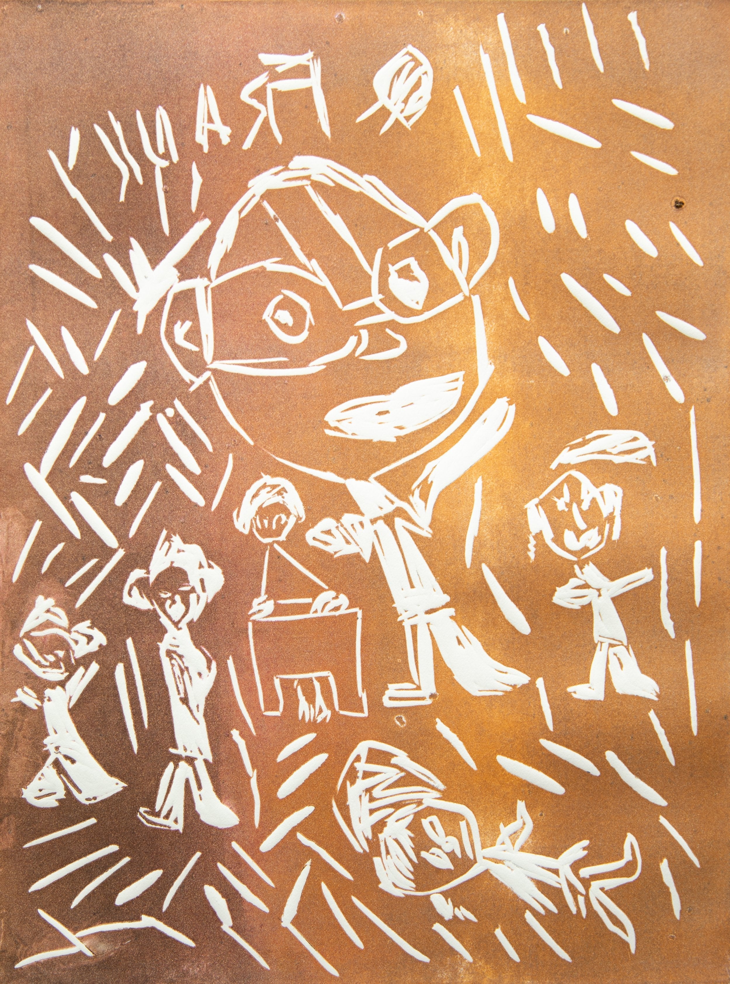 Untitled (Characetrs On Brown Background) by Rachael Curry