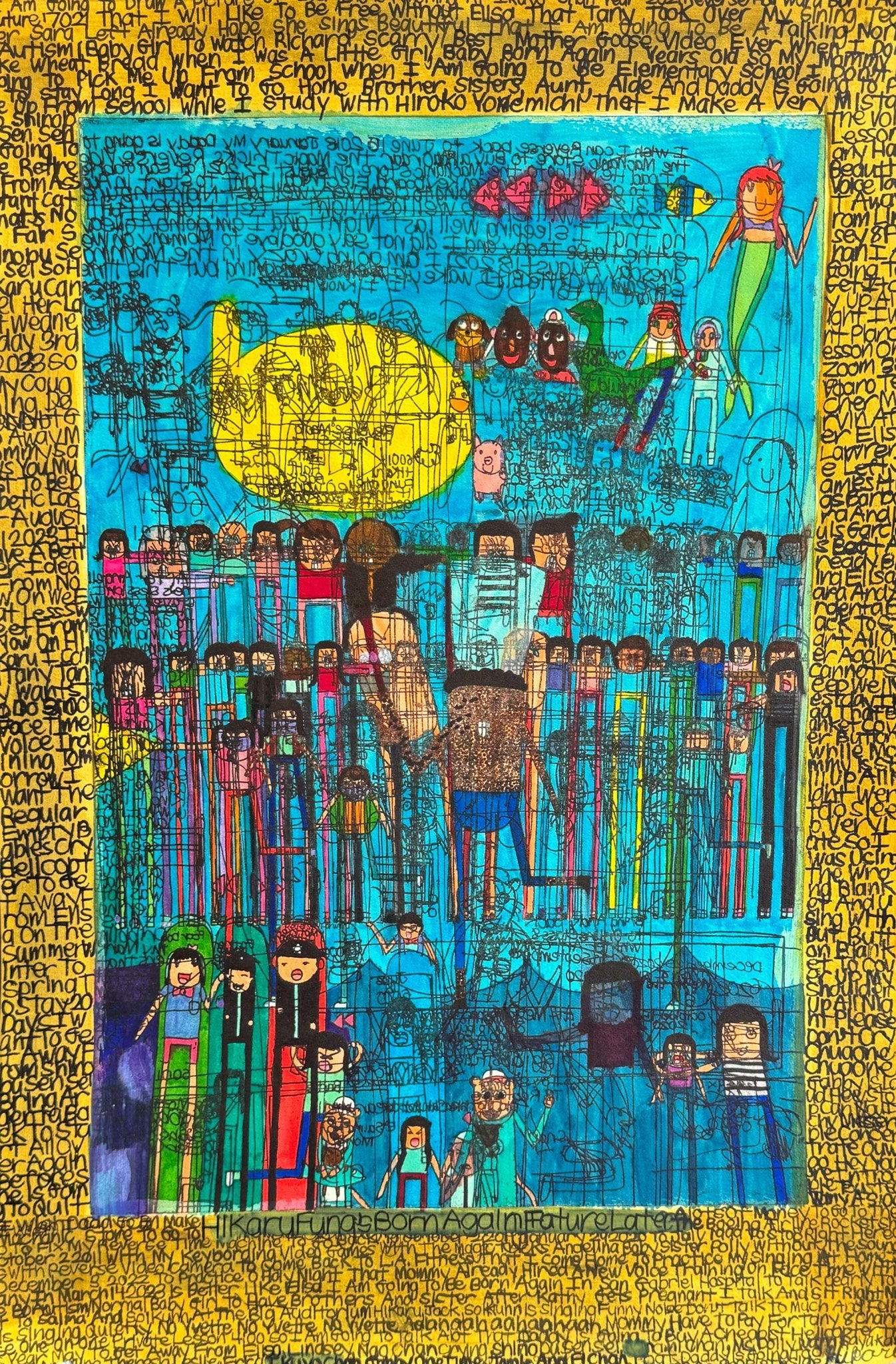 Untitled (Characters On Blue Background With Gold Border) by Hikaru Fong