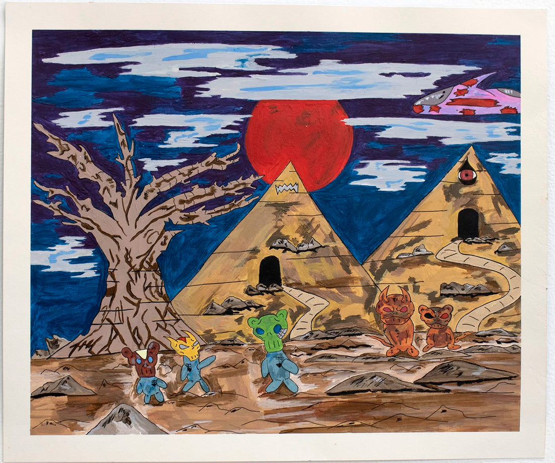 Untitled (Characters On Pyramids Background) by Christopher Romero