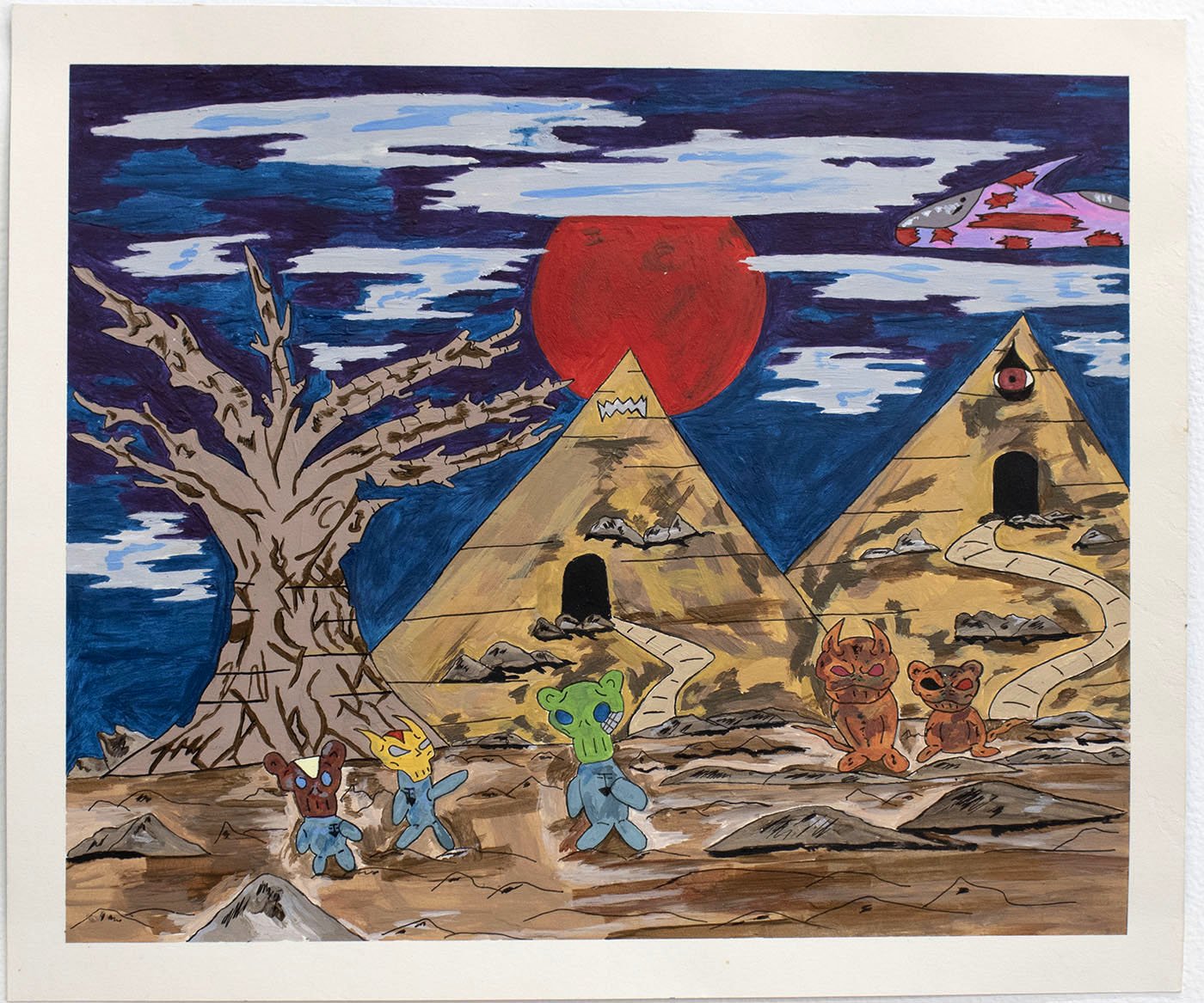 Untitled (Characters On Pyramids Background) by Christopher Romero