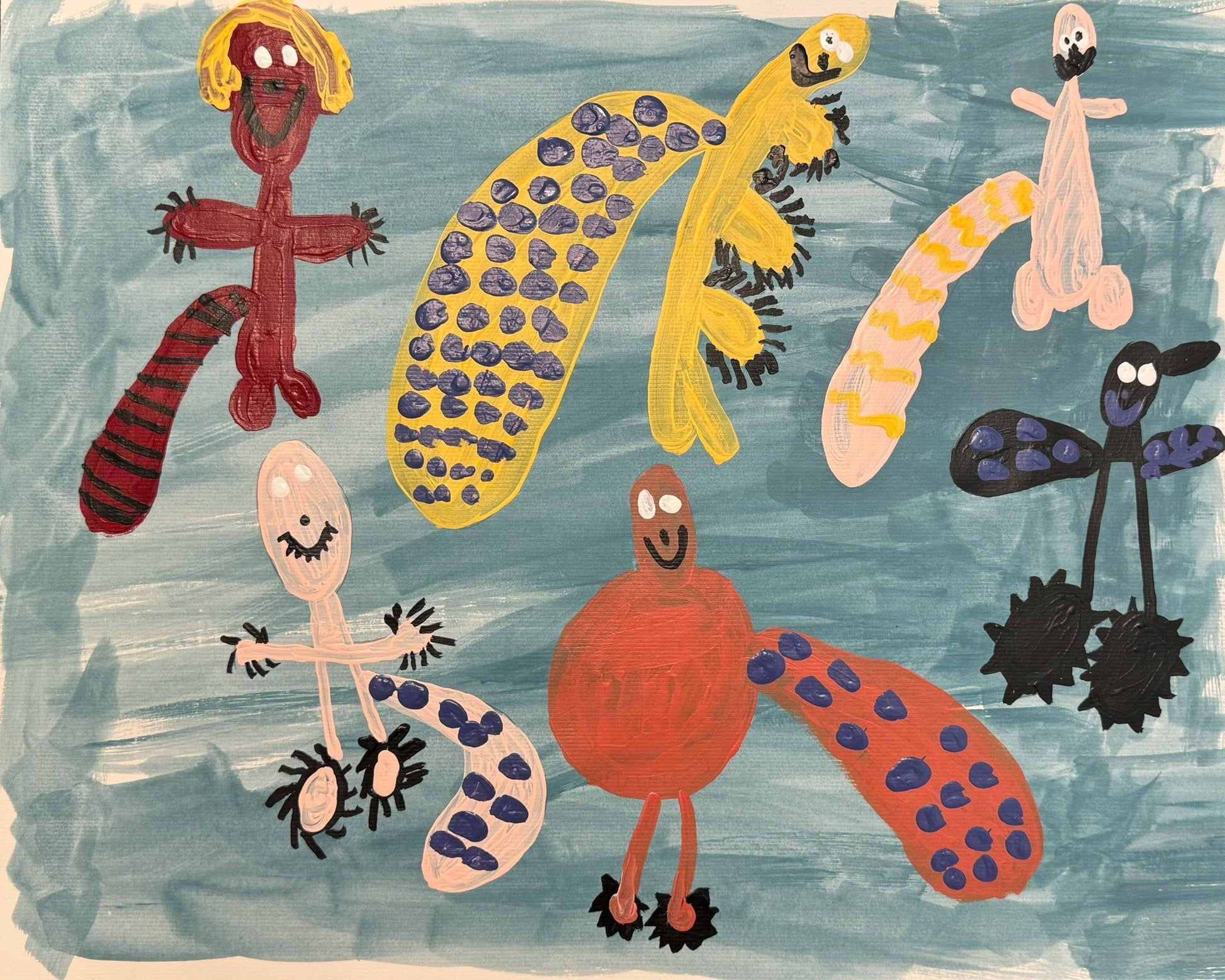 Untitled (Creatures On Blue Background) by Cesar Rodriguez