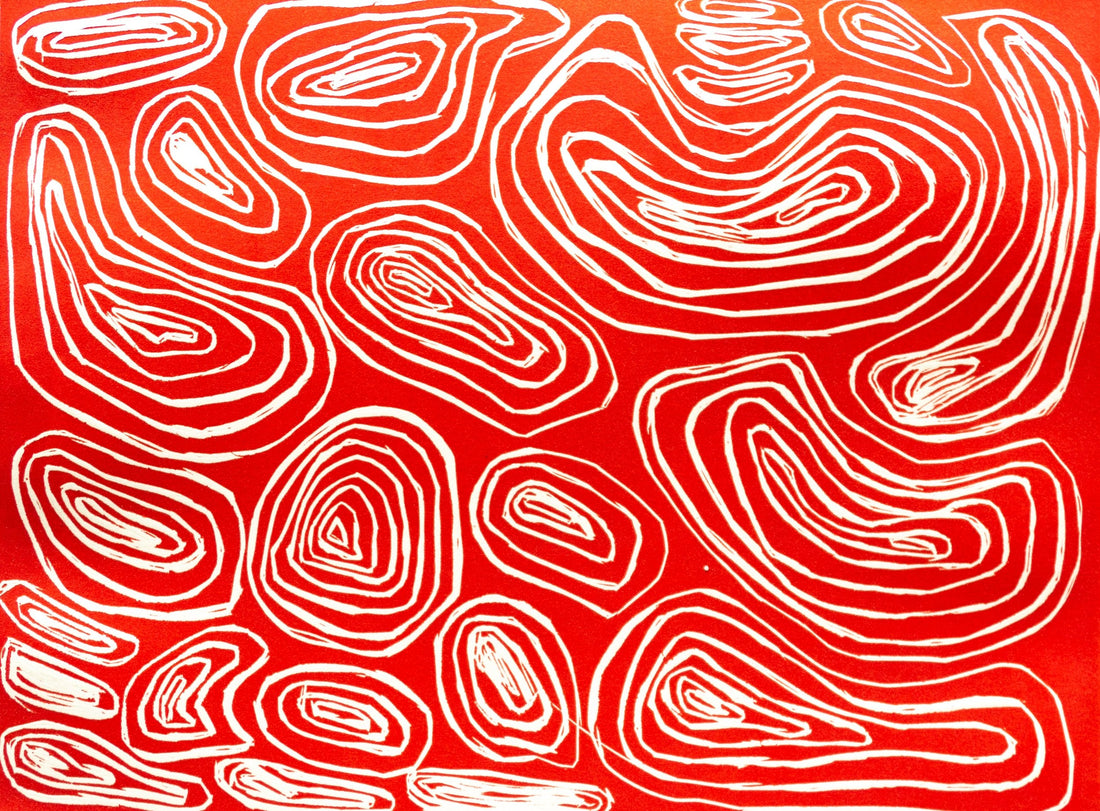 Untitled (White Rings On Red Background) by Ruby Kim