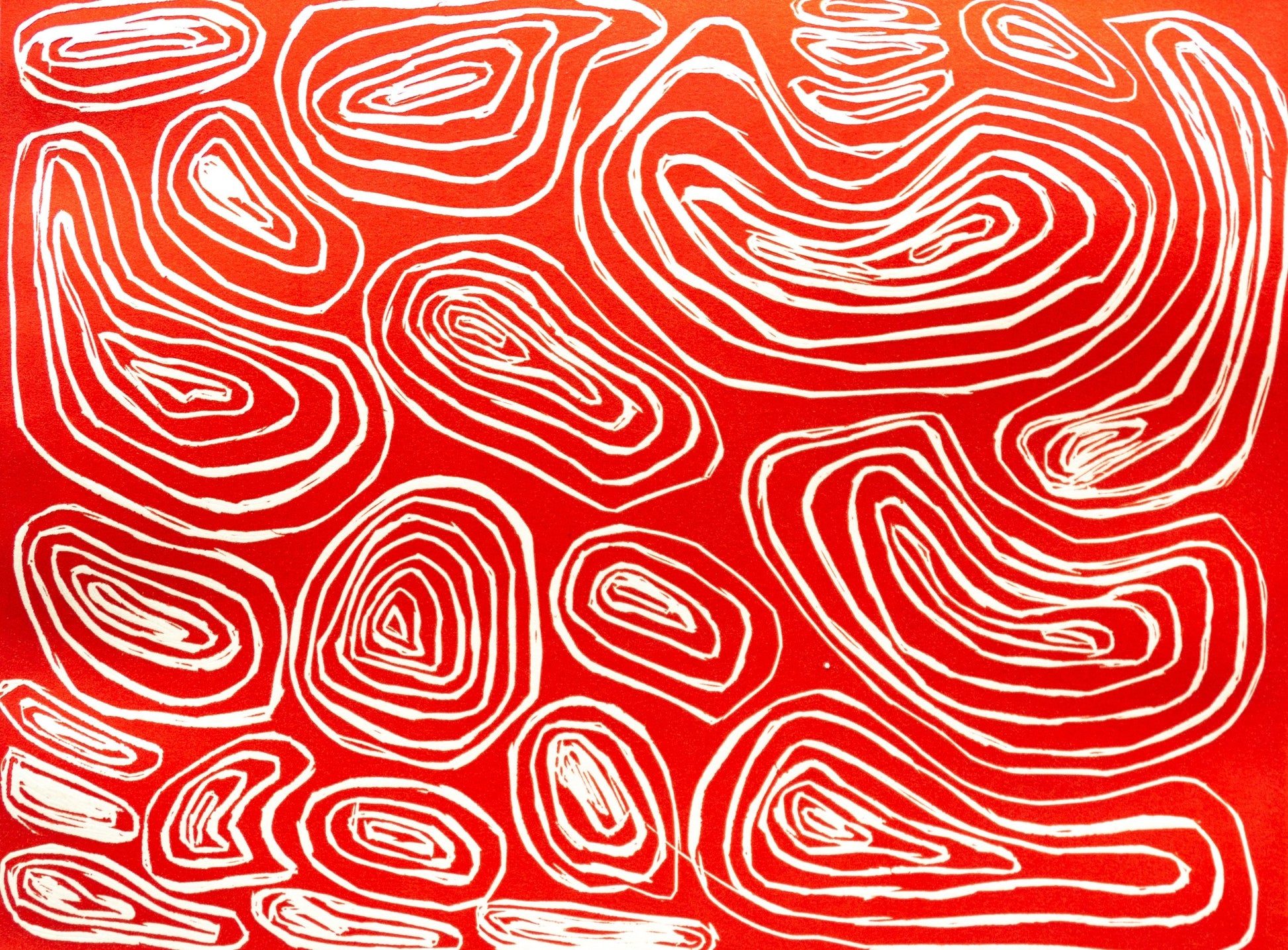 Untitled (White Rings On Red Background) by Ruby Kim