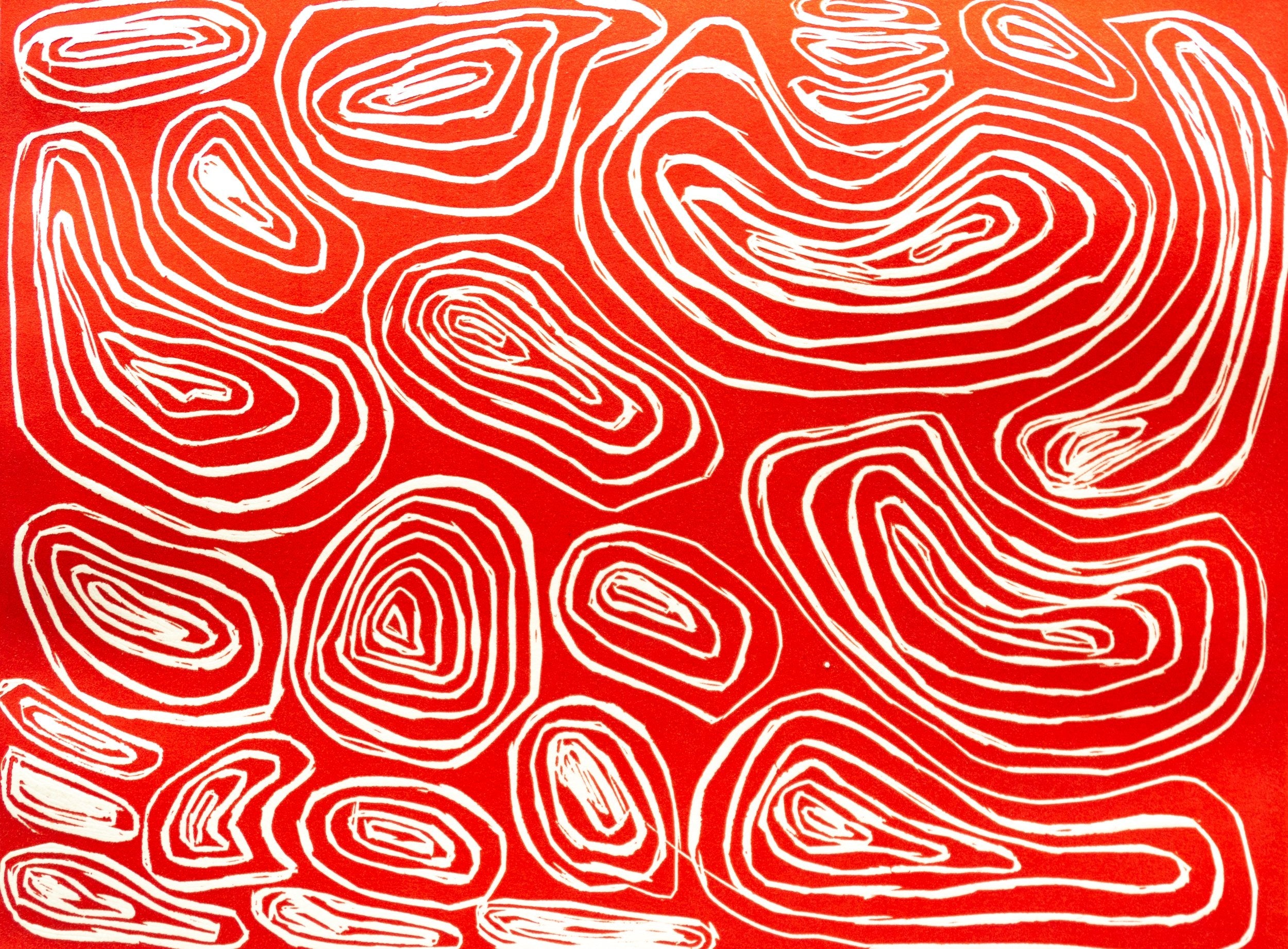 Untitled (White Rings On Red Background) by Ruby Kim